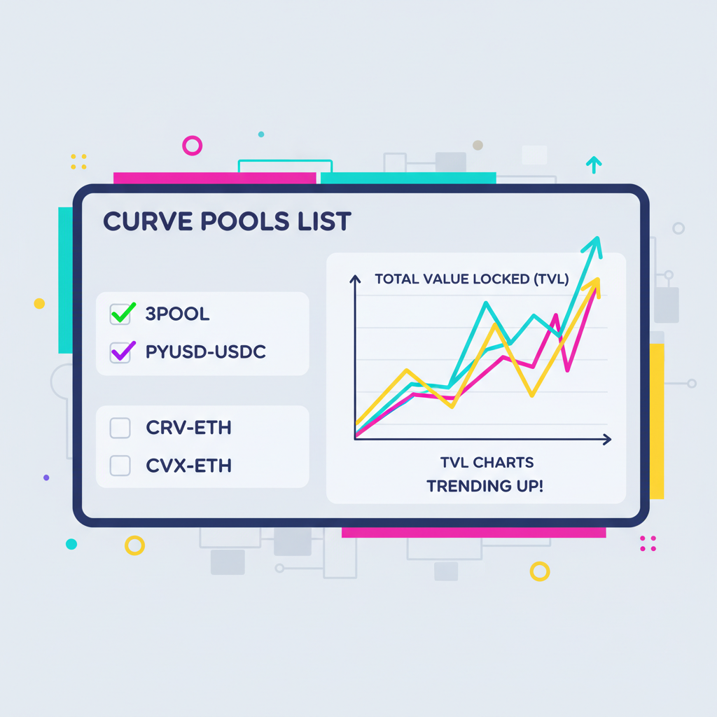 Curve pools list with 3pool and pyusd-usdc selected, TVL charts spiking, vibrant colors, motivational DeFi trading screen --ar 16:9