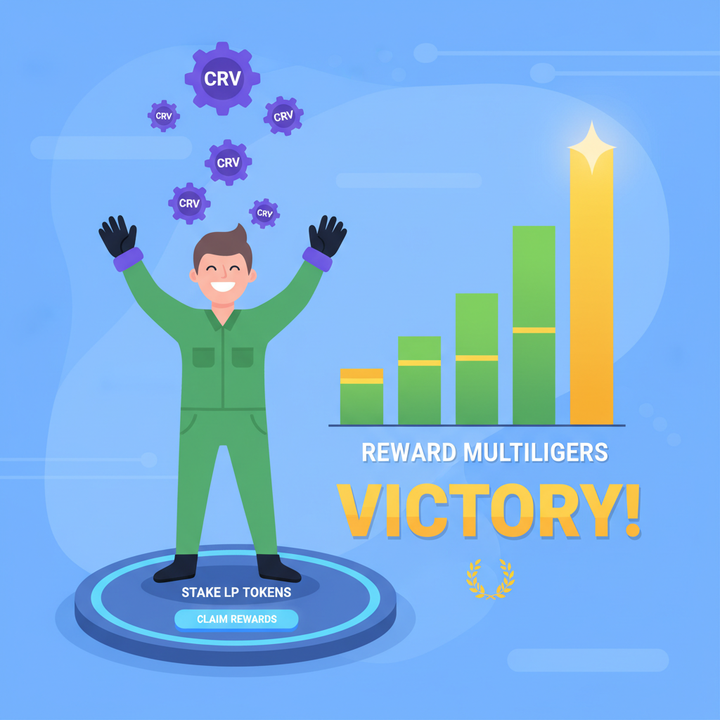staking LP tokens in Curve gauge, reward multipliers chart, CRV tokens raining, triumphant DeFi farmer victory pose --ar 16:9