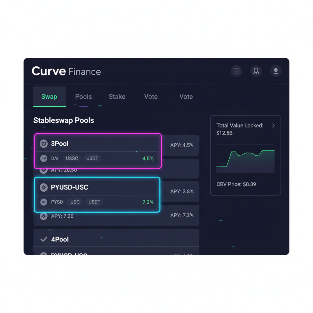 sleek Curve Finance homepage screenshot style, stableswap pools highlighted 3pool pyusd-usdc, dark mode DeFi dashboard, cyberpunk glow --ar 16:9