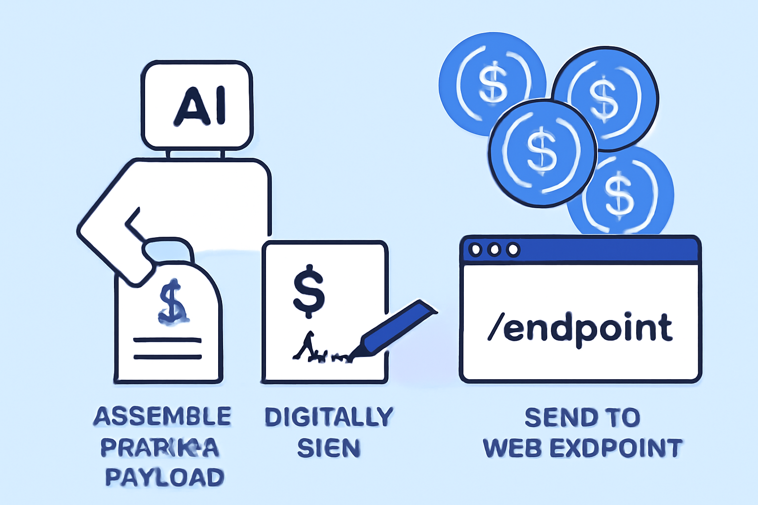 An AI agent assembling a payment payload, digitally signing it, and sending it to a web endpoint, with USDC coins in the background.