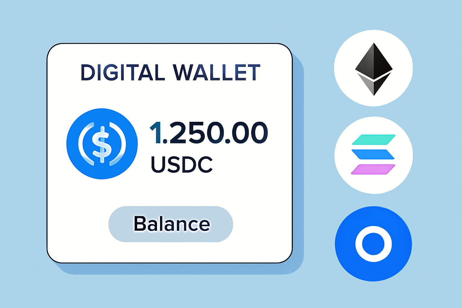 A digital wallet interface displaying a USDC balance, with blockchain logos (Ethereum, Solana, Base) nearby.