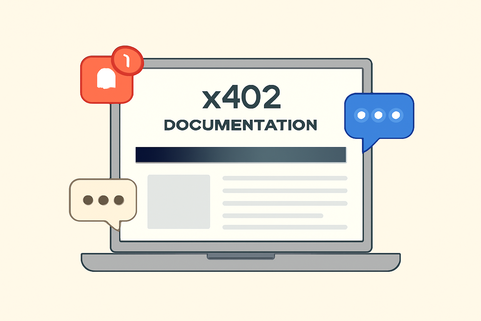 A laptop displaying the x402 official documentation site, with notifications and community chat bubbles.