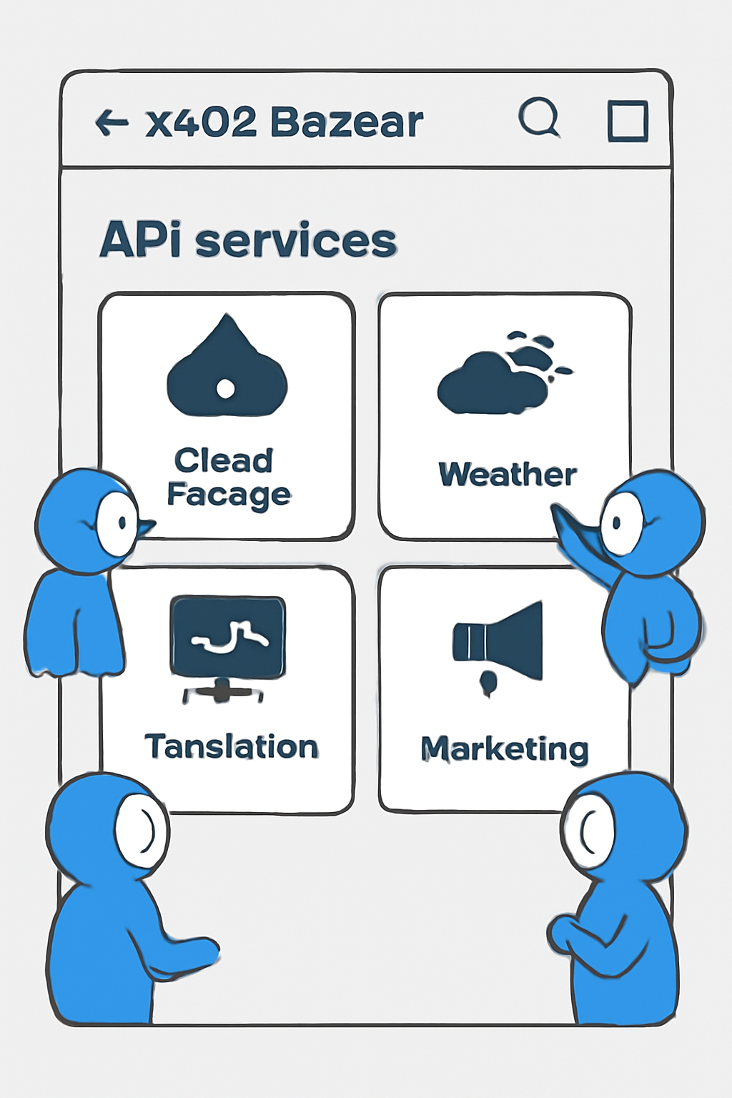A digital marketplace interface labeled 'x402 Bazaar', with various API services and AI agents browsing the catalog.