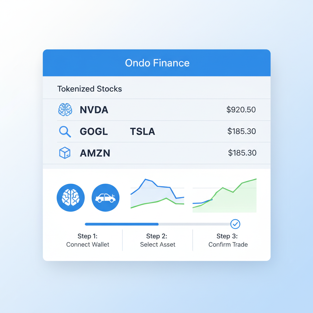 Ondo Finance interface showing tokenized stocks list NVDA TSLA, charts, AI EV icons