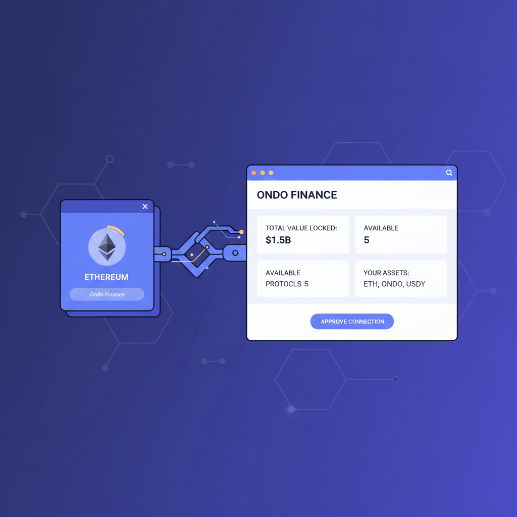 Ethereum wallet connecting to Ondo Finance platform dashboard, clean UI, blockchain theme