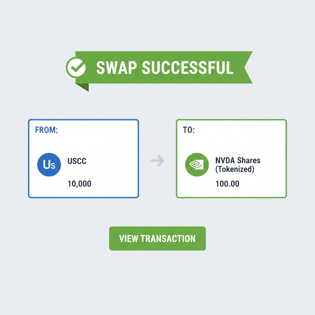 Swapping USDC to tokenized NVDA shares on Ondo platform, swap interface, green success