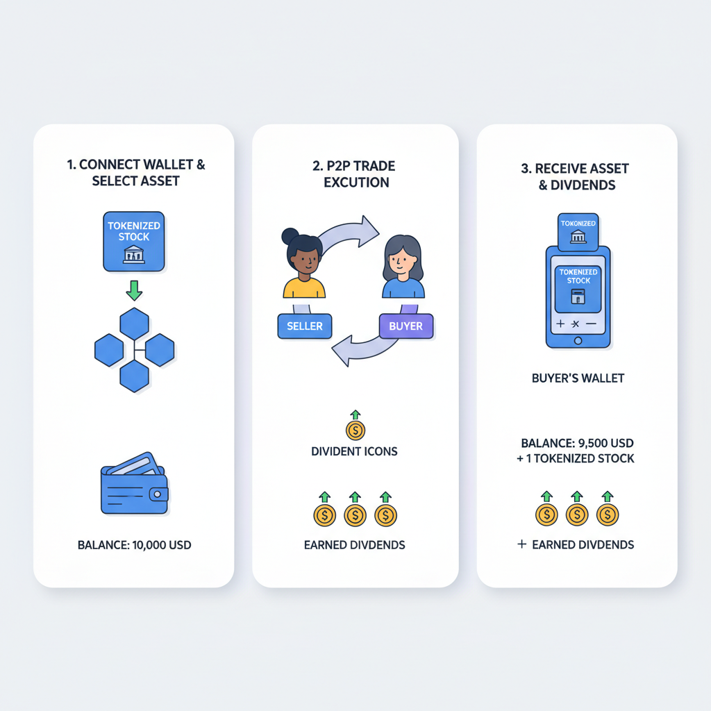P2P trading tokenized stocks on blockchain, dividend icons, wallet balance