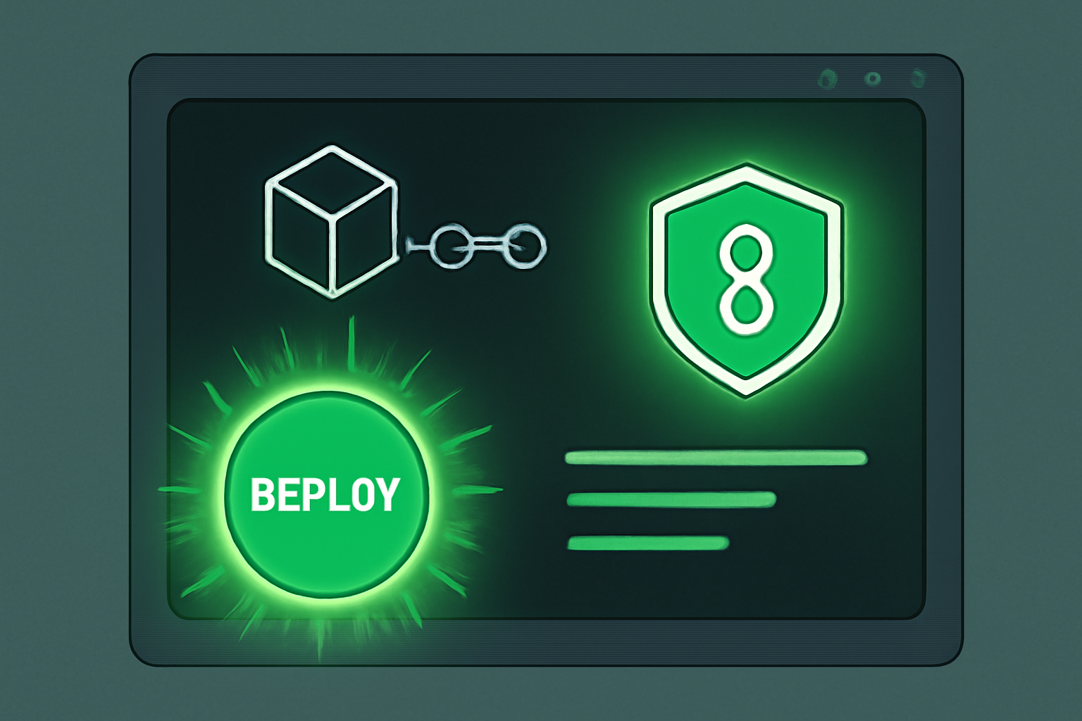 deploy button pulsing with energy, blockchain transaction animation, soulbound token badge materializing, green success glow, high-tech terminal view