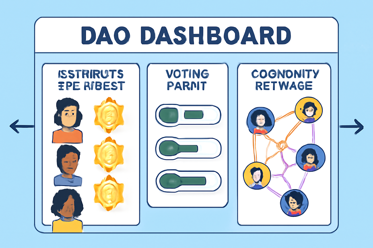DAO dashboard distributing glowing soulbound NFT badges to member avatars, voting power meters filling up, vibrant community network visualization