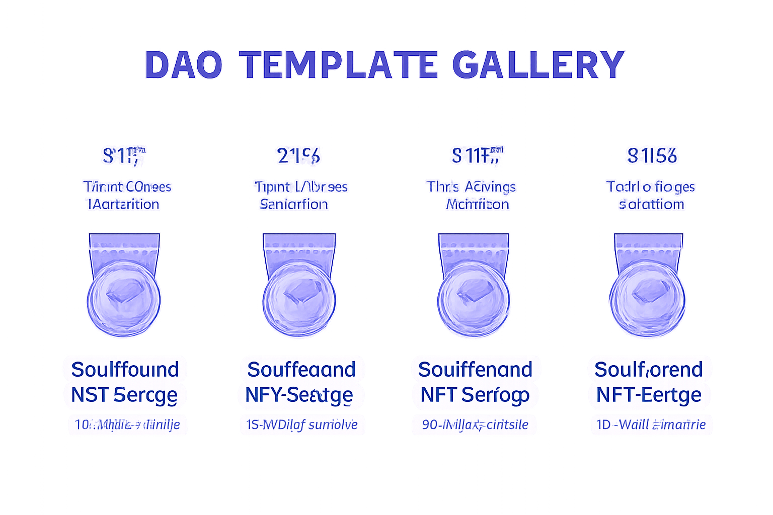 DAO template gallery interface, cards showing soulbound NFT badges for voting rewards, modern grid layout, ethereal purple gradients, web3 design