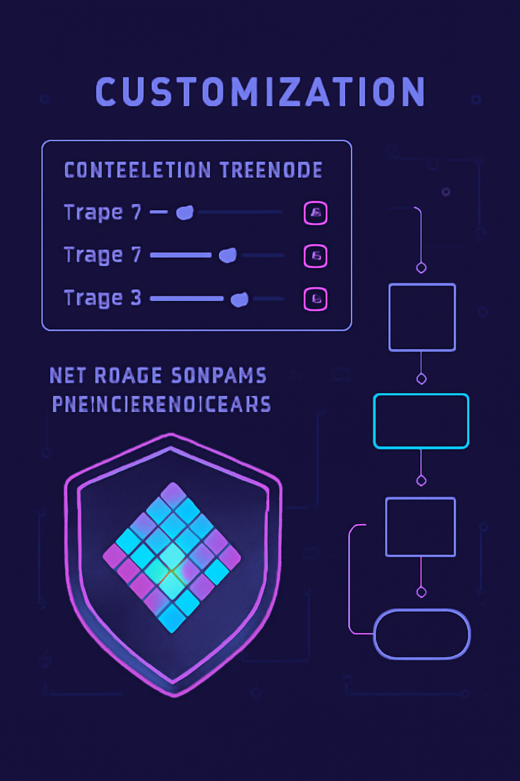 customization panel with sliders and checkboxes for contribution triggers, NFT badge evolving from contributions, dynamic flowchart, cyberpunk aesthetic