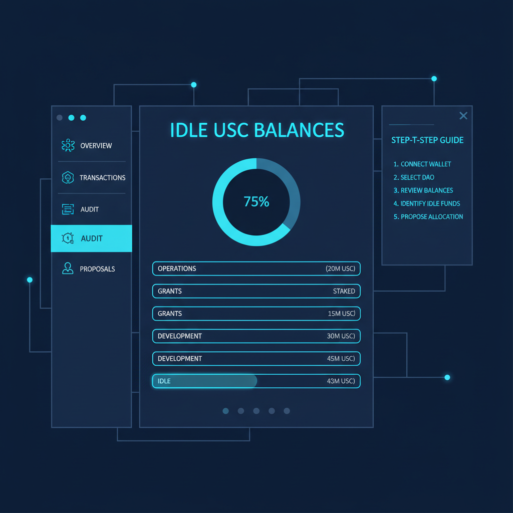 DAO treasury dashboard auditing idle USDC balances, futuristic blockchain UI, blue neon accents