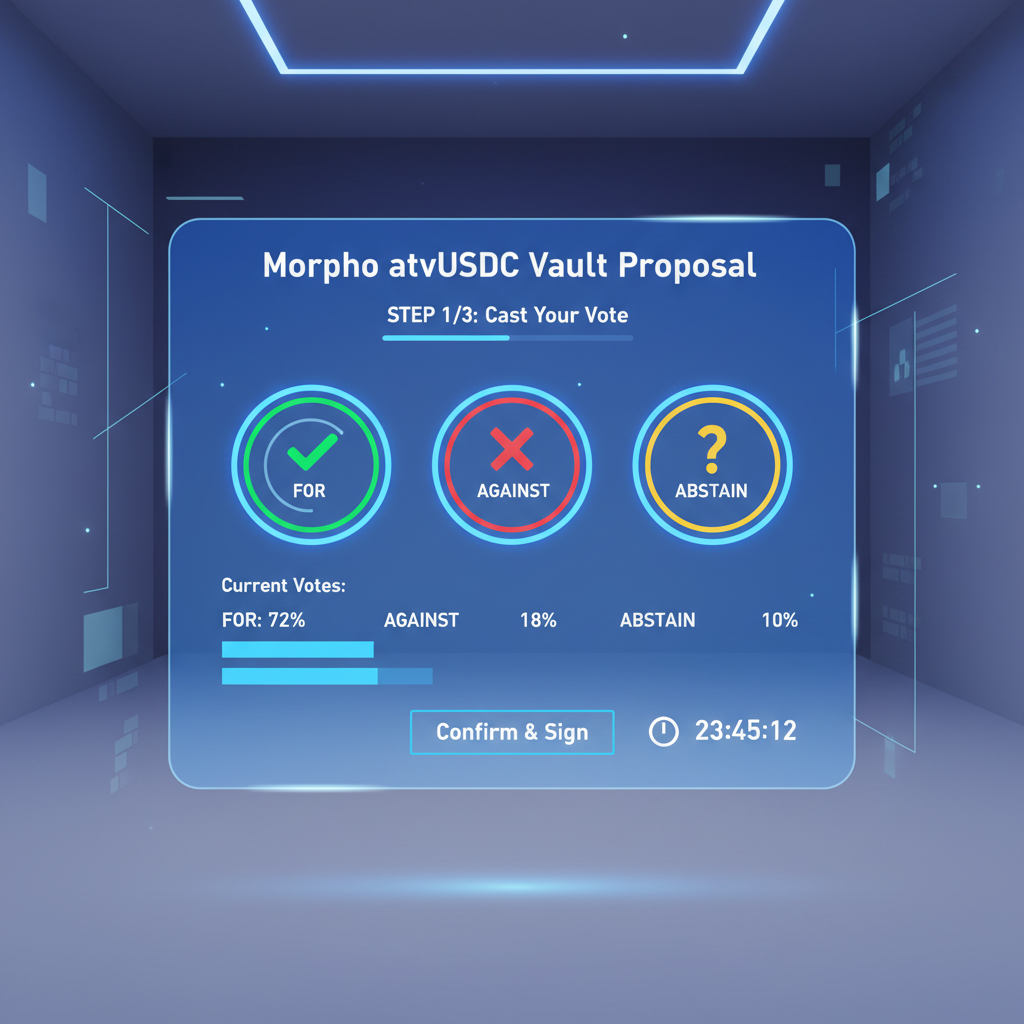 DAO governance voting screen on Morpho or atvUSDC vault proposal, holographic interface