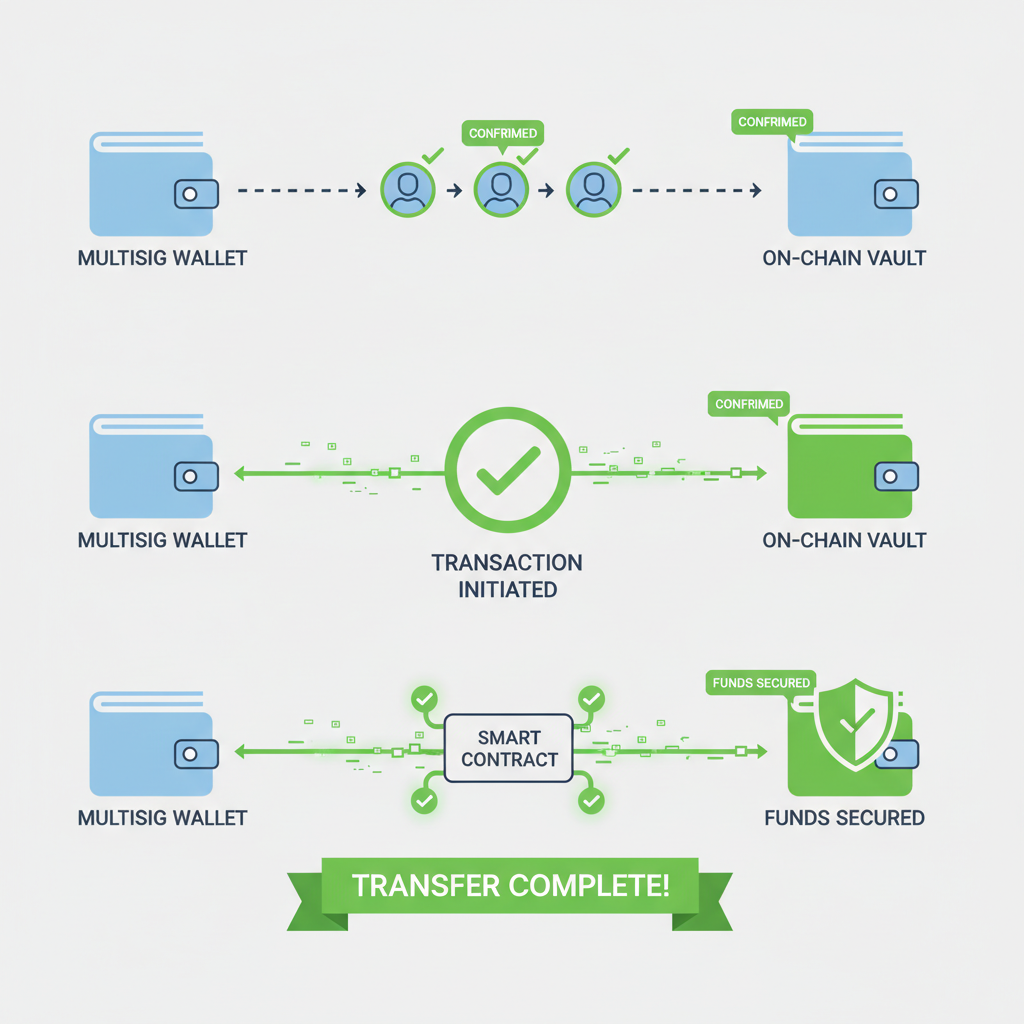 Multisig wallet transfer animation to on-chain vault, secure blockchain flow, green confirmations