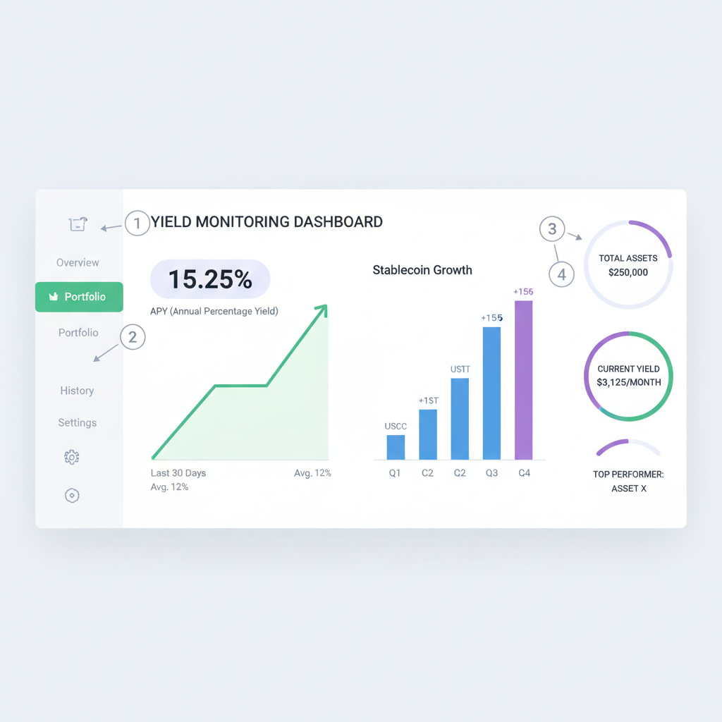 Yield monitoring dashboard with APY charts and stablecoin growth graphs, modern analytics UI