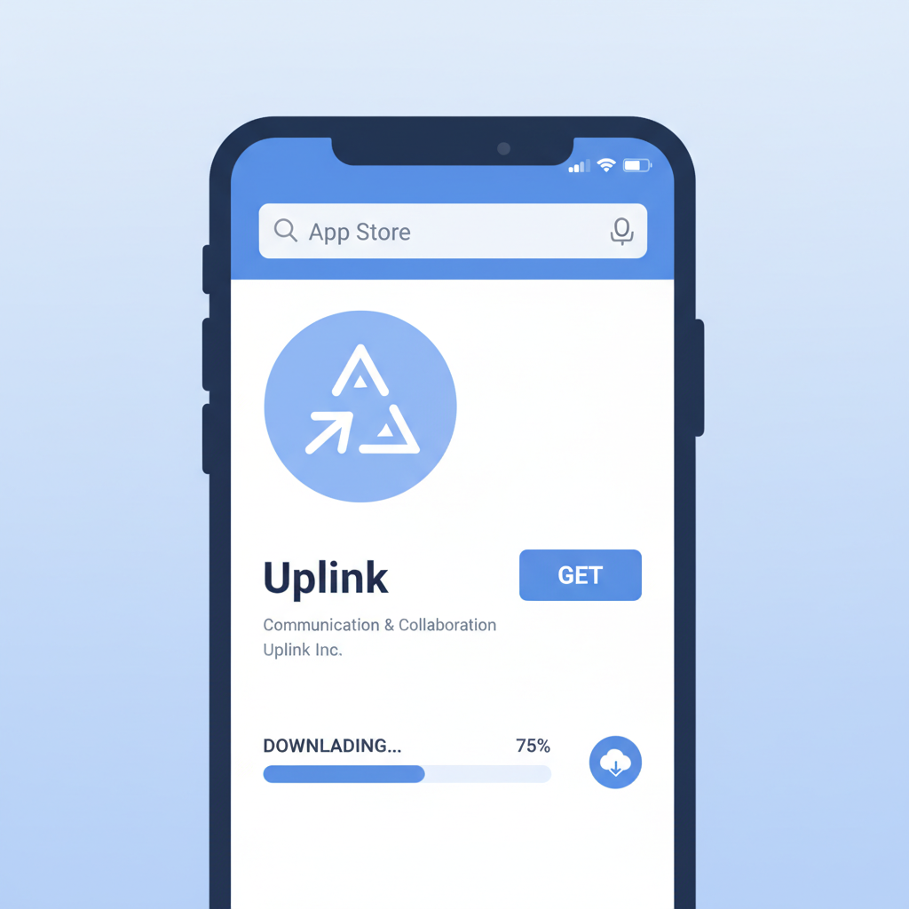 smartphone downloading Uplink app from app store, clean modern interface, blue tones