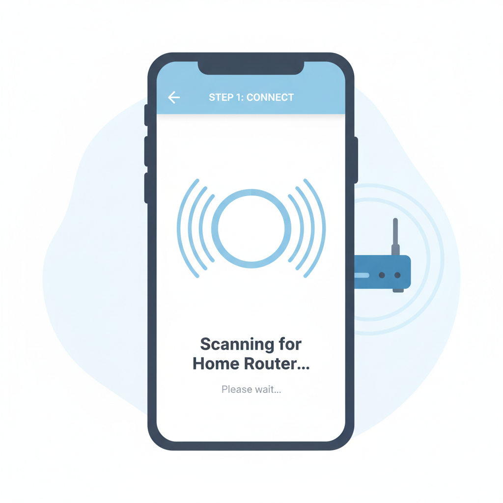 app interface scanning home router, WiFi signal waves, router icon in background