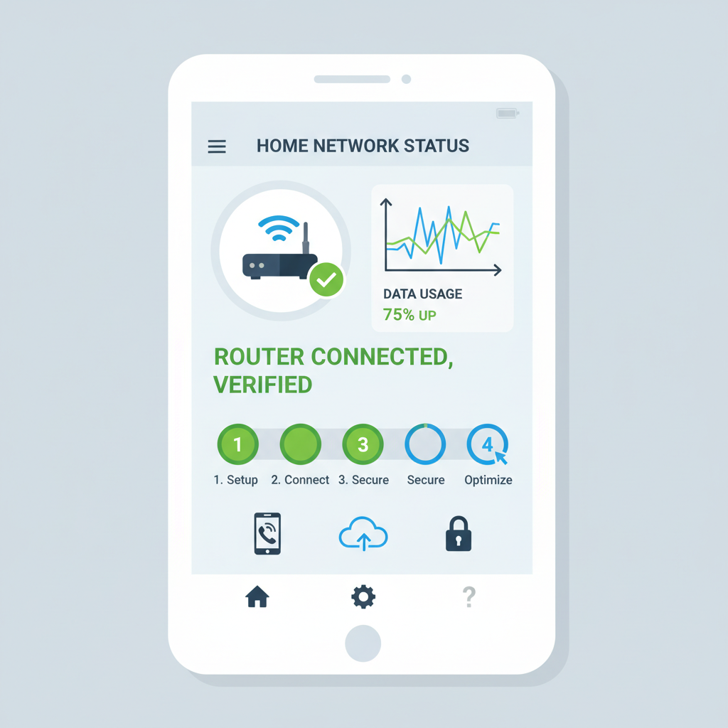 mobile dashboard showing verified green checkmark for router connection, network graph