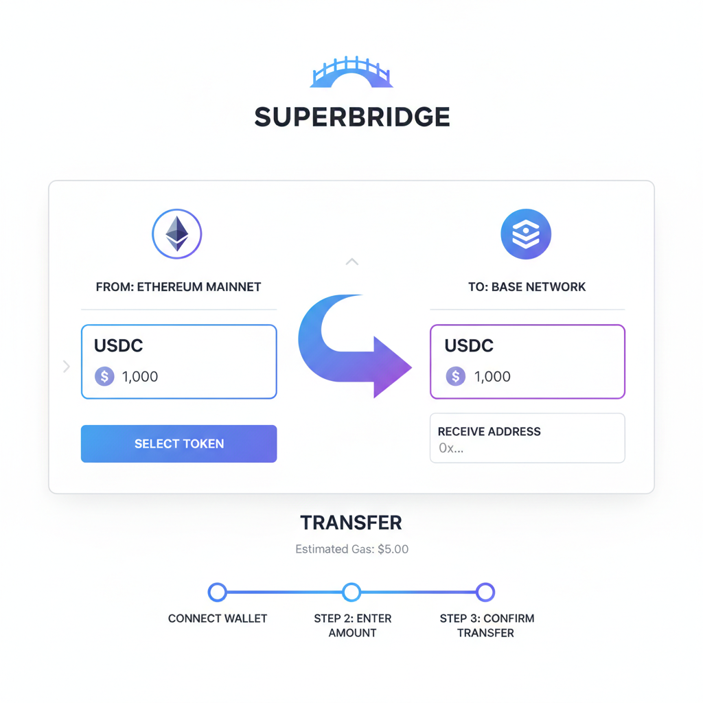 superbridge interface transferring USDC to Base chain, simple diagram