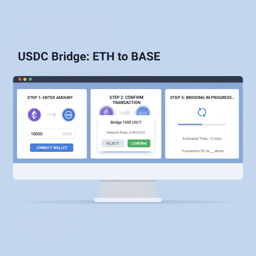 USDC bridging interface from Ethereum to Base chain, simple dashboard with amount input