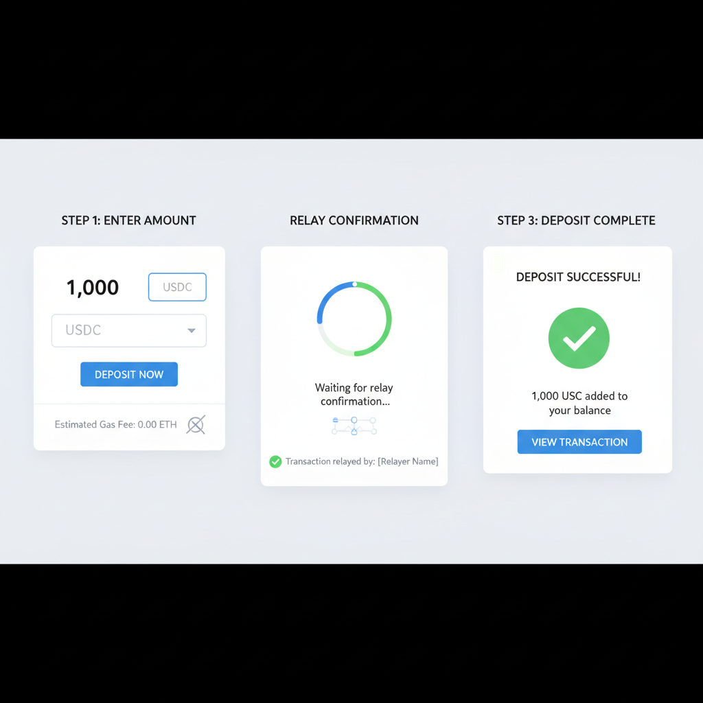 gasless USDC deposit interface with relay confirmation, no gas fee indicator