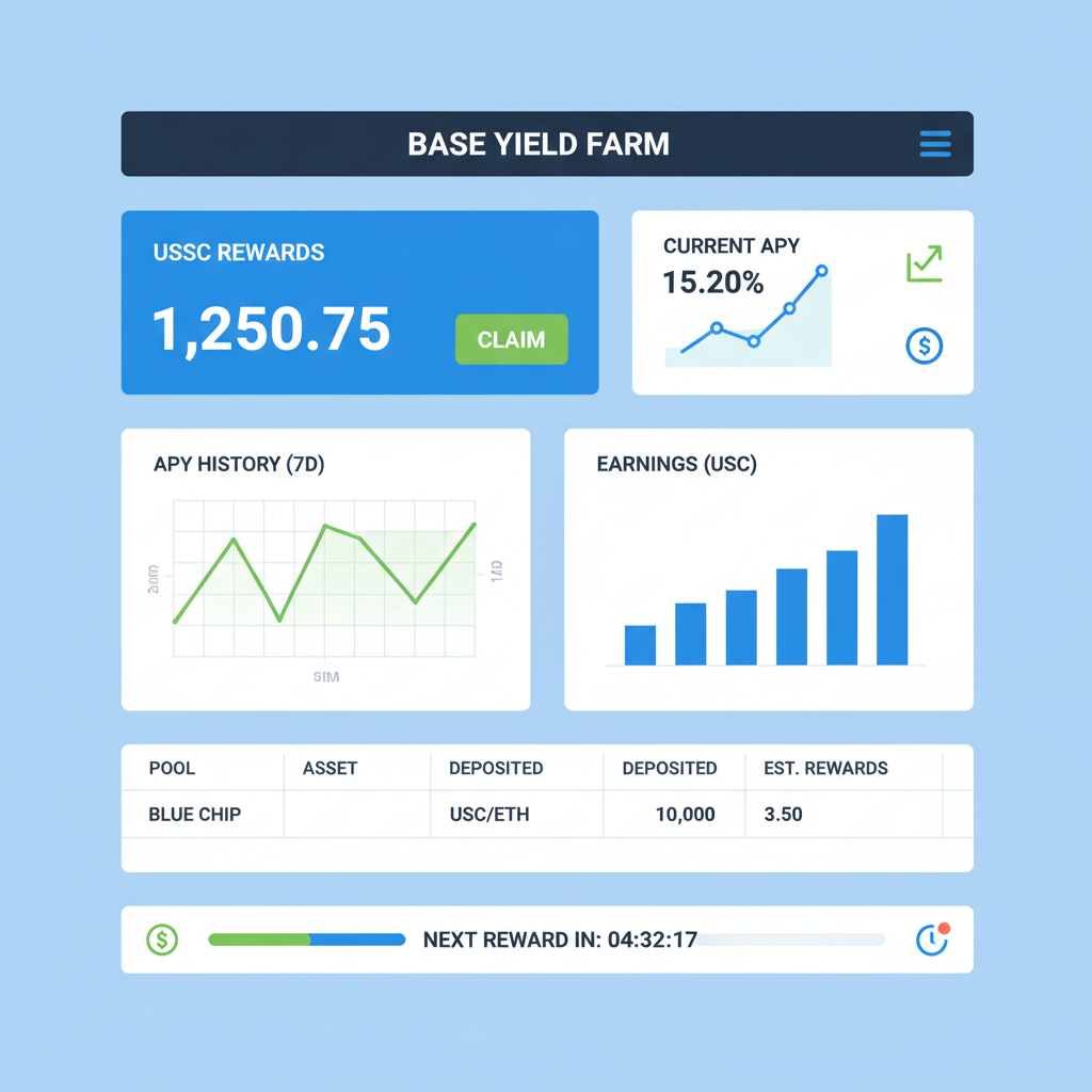 DeFi dashboard monitoring USDC yield farm rewards and APY charts on Base