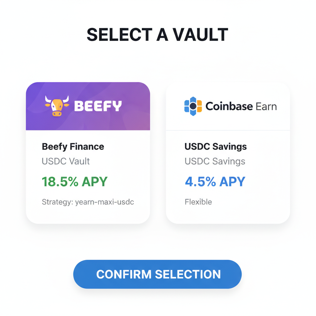 DeFi vault selection screen showing Beefy and Coinbase USDC options with APY rates