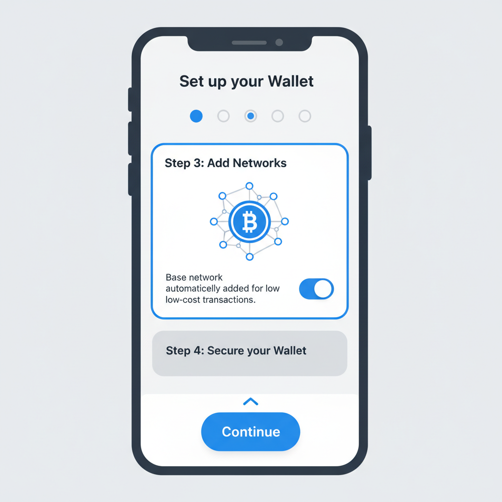 mobile app screen showing Coinbase Wallet setup with Base network added, clean UI