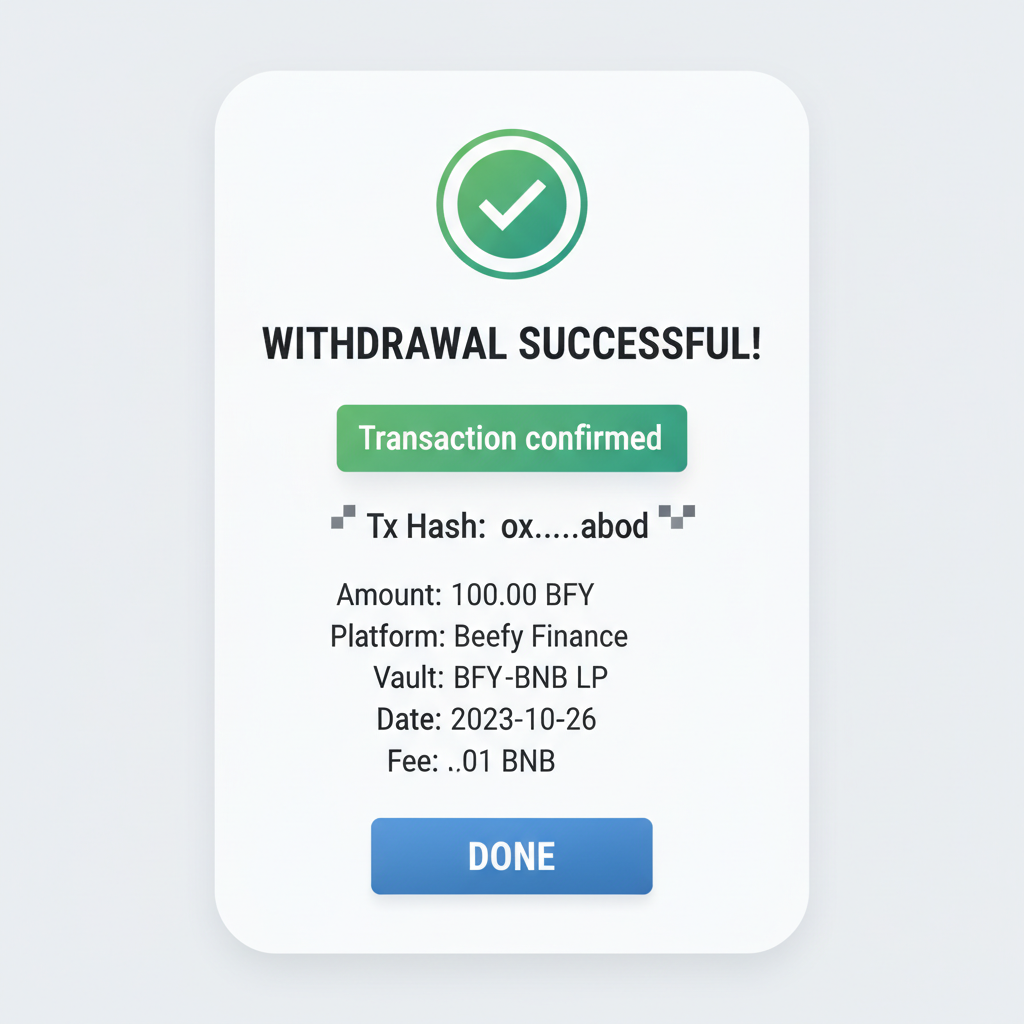Beefy withdraw confirmation screen with successful transaction