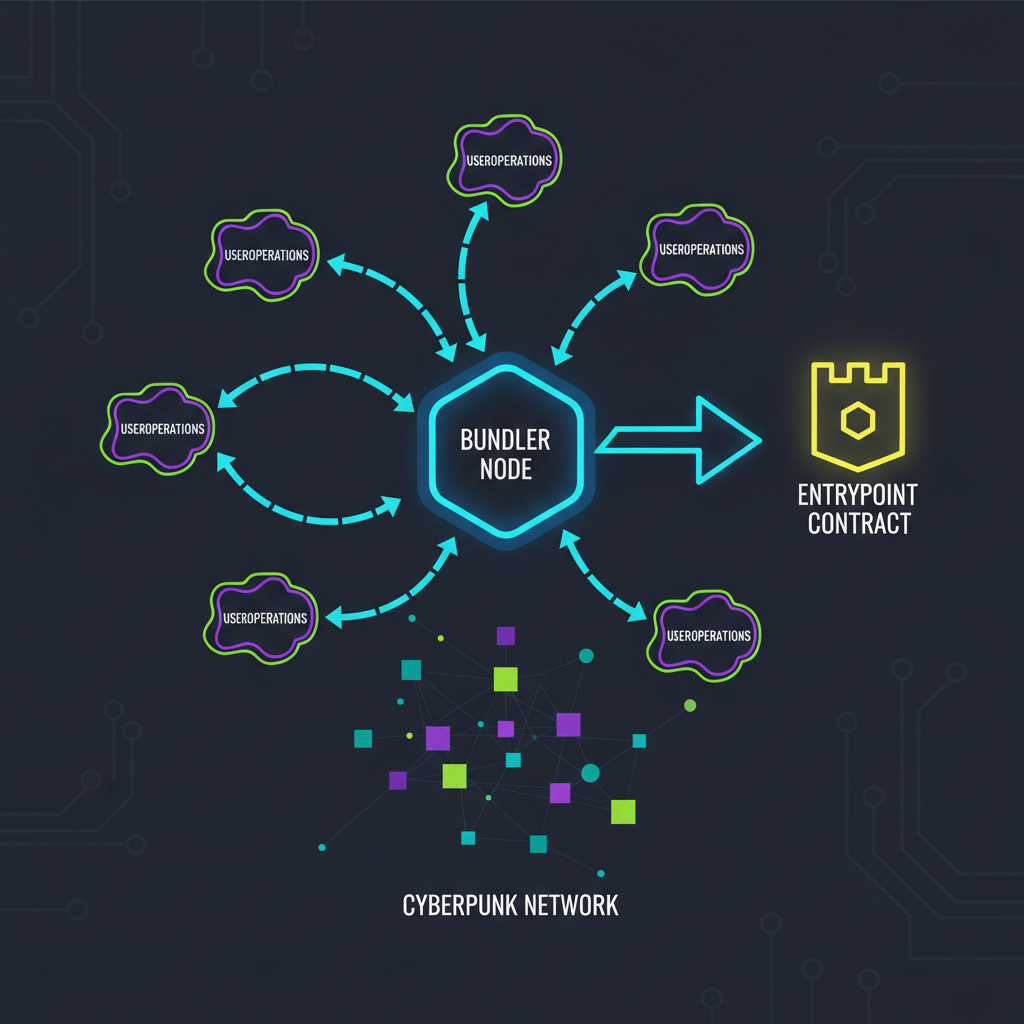 bundler node aggregating useroperations, arrow to entrypoint contract, network flow diagram, cyberpunk nodes connected