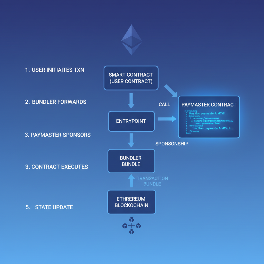 ethereum smart contract deployment diagram, paymaster contract code glowing, entrypoint connection, blue tones, technical illustration