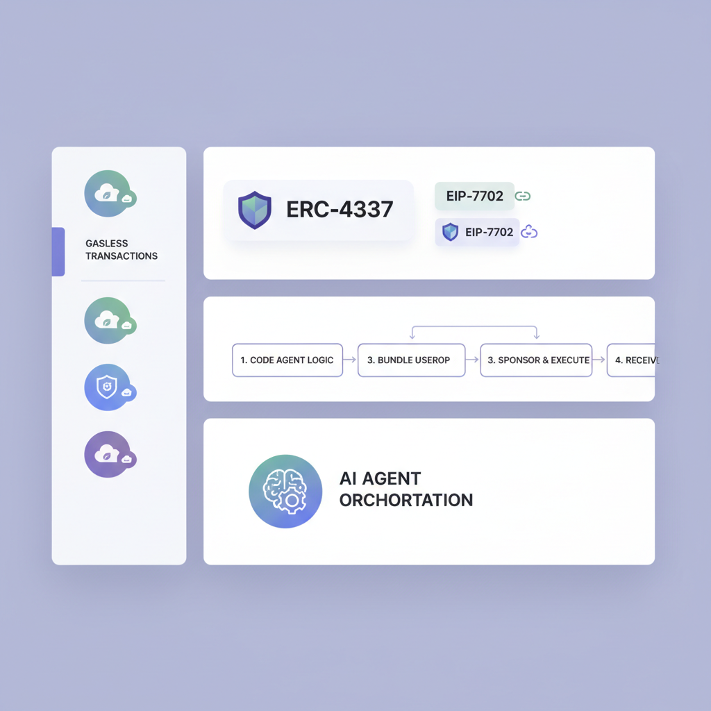 AI agent toolkit dashboard, gasless icons, ERC-4337 and EIP-7702 badges, developer workflow illustration, modern tech aesthetic