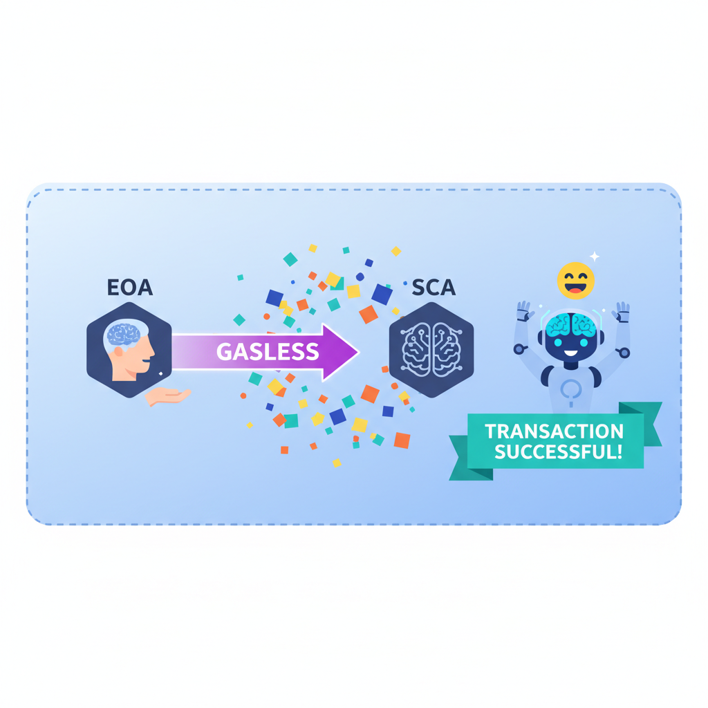 successful transaction execution animation, gasless flow from EOA to SCA, AI agent celebrating, vibrant success particles