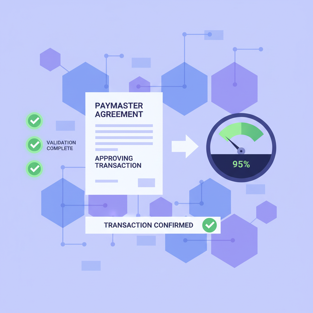 paymaster contract approving transaction, gas meter filling green, validation checkmarks, authoritative blockchain graphic