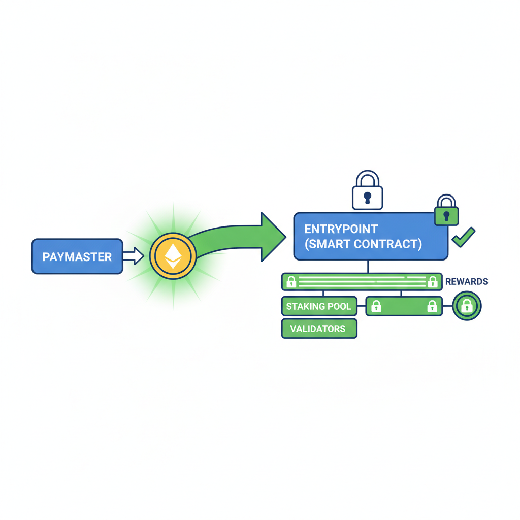 blockchain staking visualization, paymaster depositing ETH to entrypoint, security lock icons, green success glow, diagram style