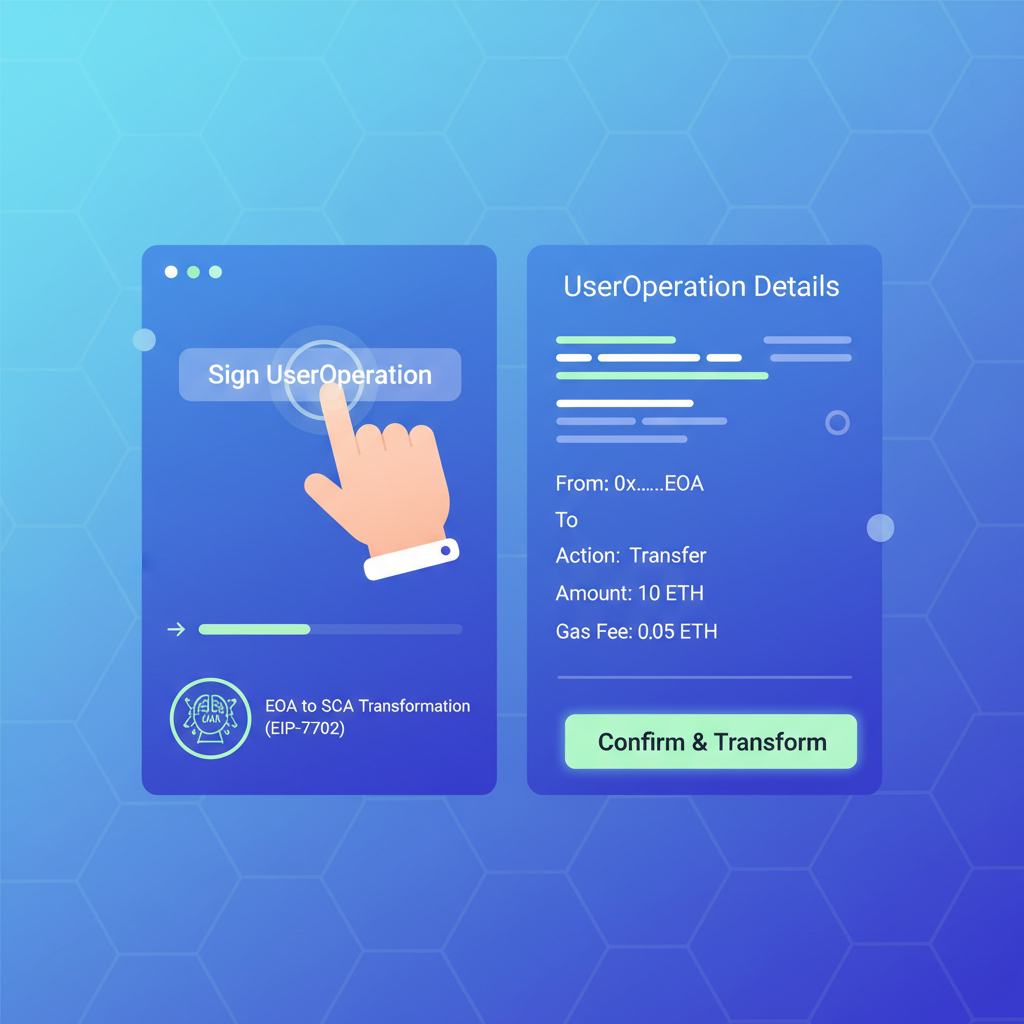 user signing useroperation on wallet interface, EOA to SCA transformation via EIP-7702, futuristic AI agent icon, clean UI mockup