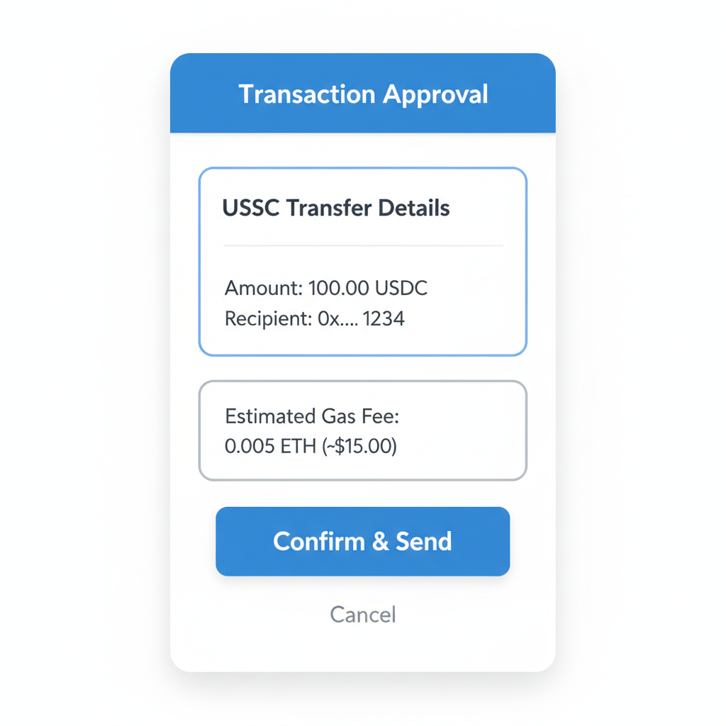 wallet transaction approval screen, USDC transfer details, gas fee estimate, confirm button