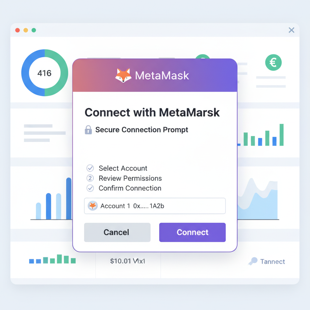 wallet connection interface, MetaMask popup, secure connection prompt, modern DeFi dashboard