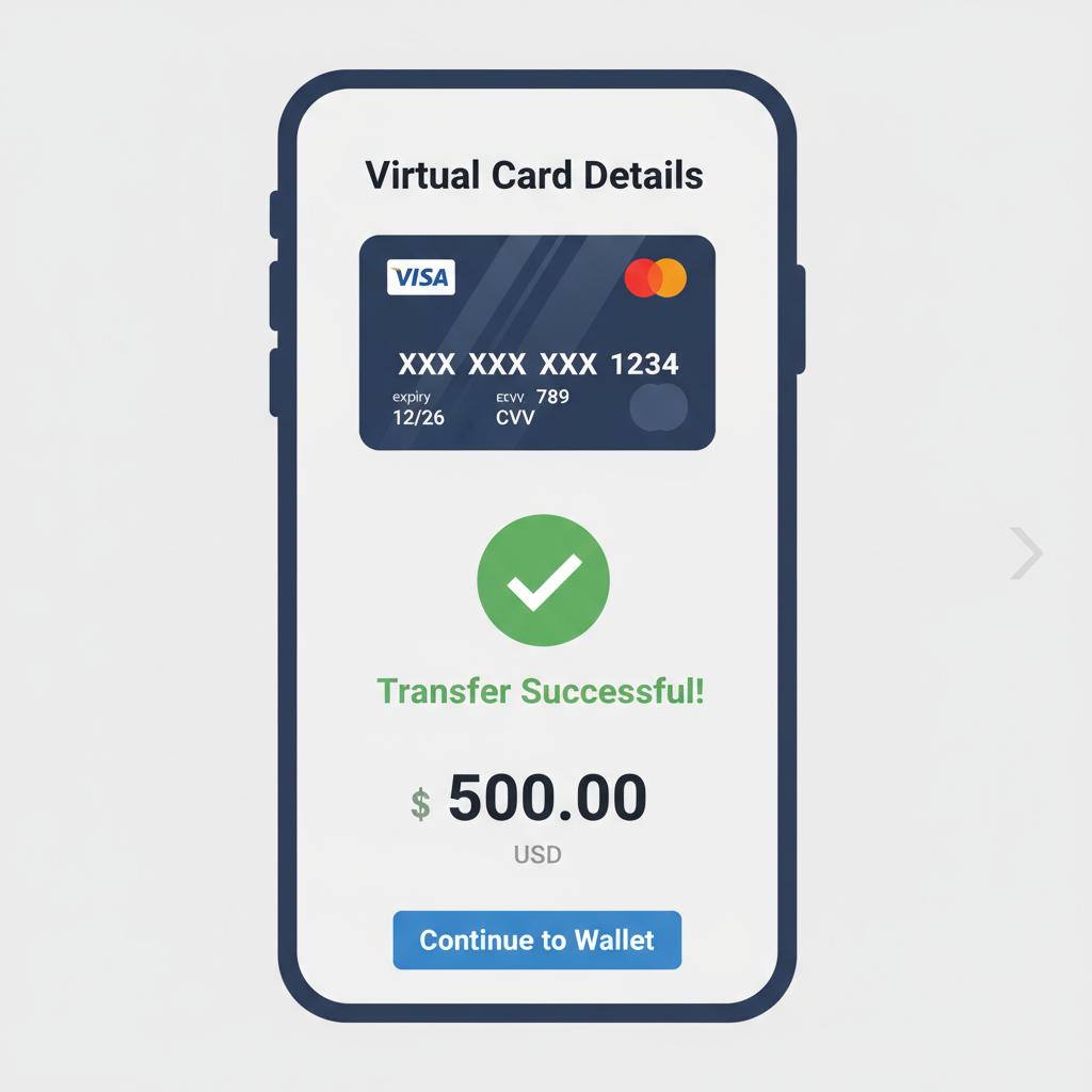 virtual debit card details screen, Visa MC logo, funded balance shown, success confirmation