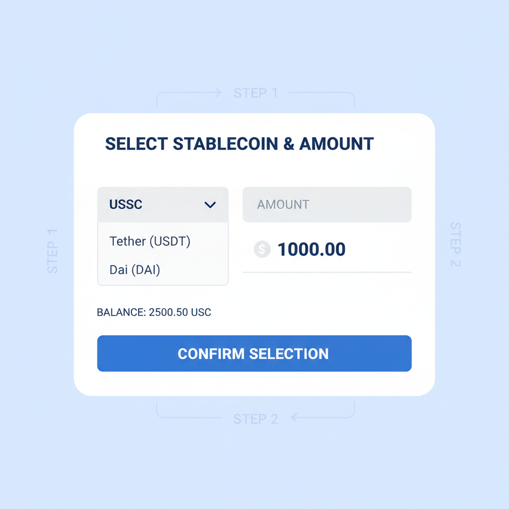 stablecoin selection dropdown USDC USDT DAI, amount input field, balance display, clean form UI