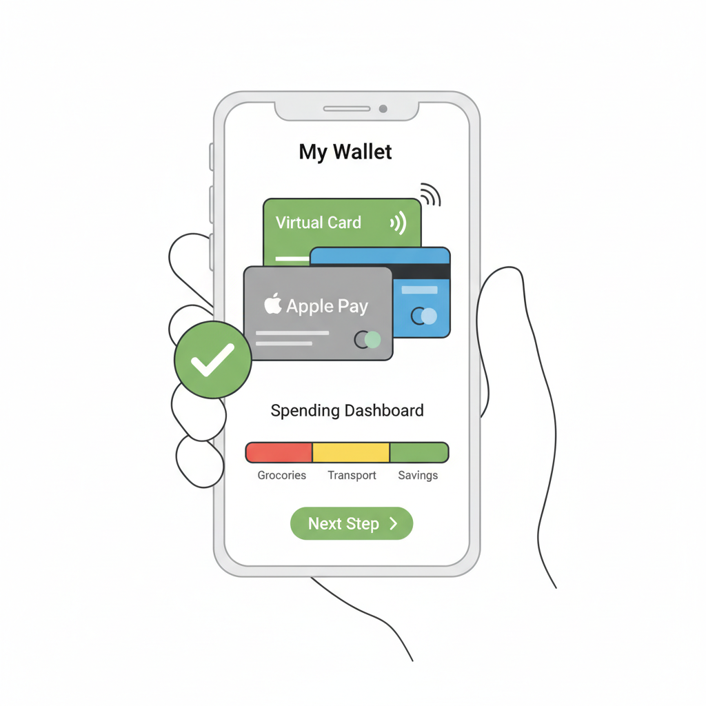 mobile wallet with added virtual card, Apple Pay integration, spending dashboard, green checkmark