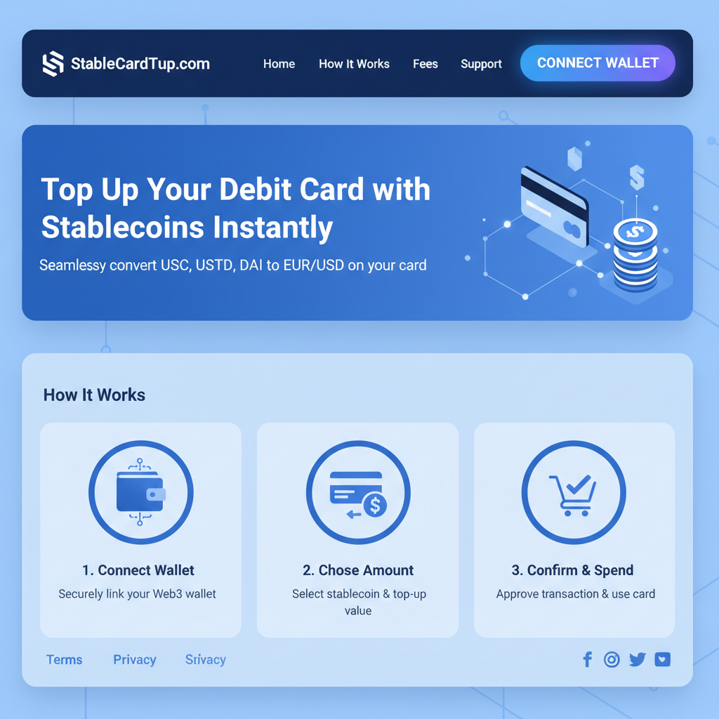 clean website homepage for StableCardTopUp.com, connect wallet button prominent, DeFi style, blue tones, simple UI