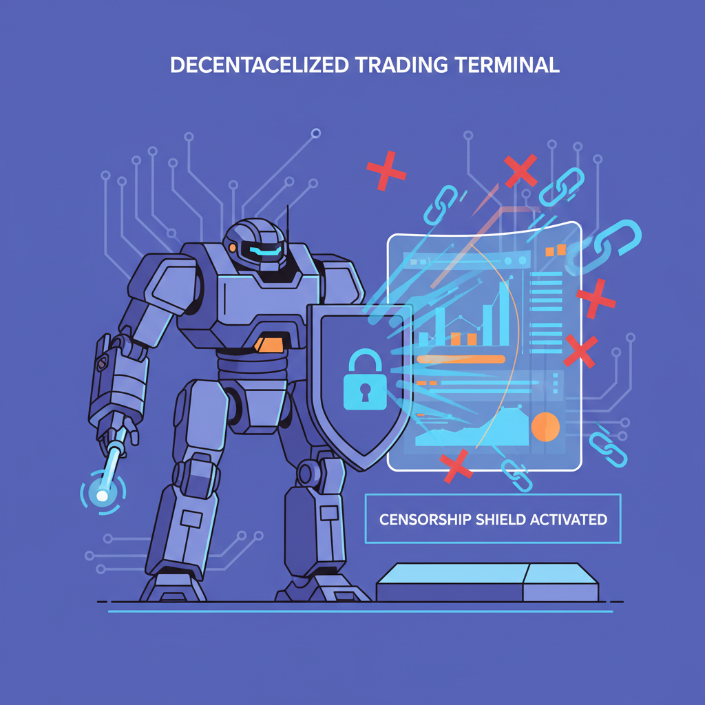 robotic sentinel bot guarding trading terminal against censorship attacks, sci-fi mech style
