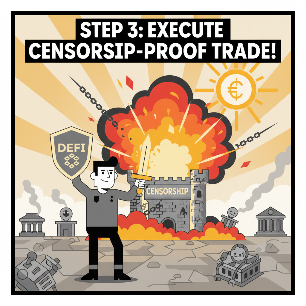 trader executing epic censorship-proof trade in blazing battlefield, victory pose