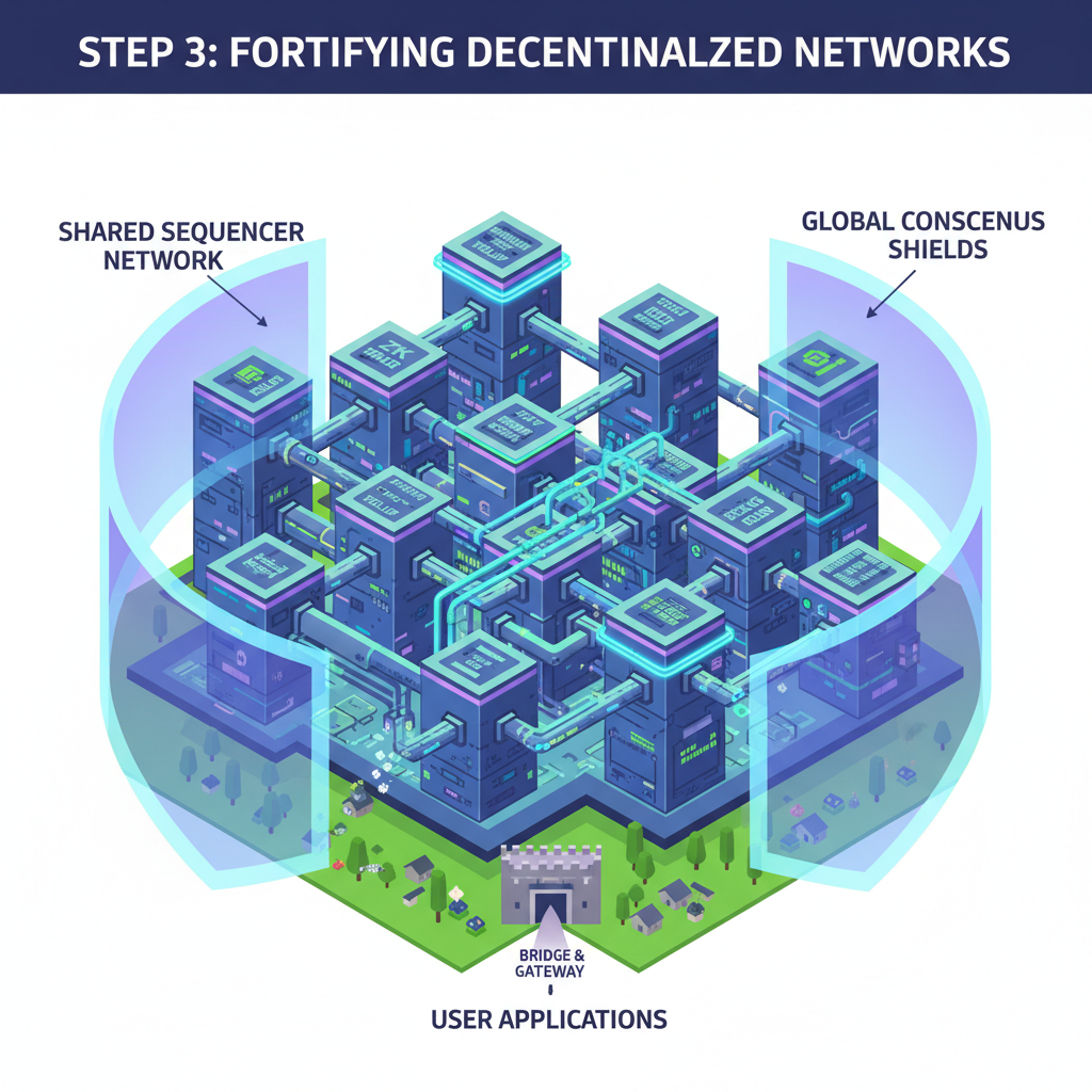 impenetrable fortress of interconnected L2 rollups and shared sequencers, glowing shields