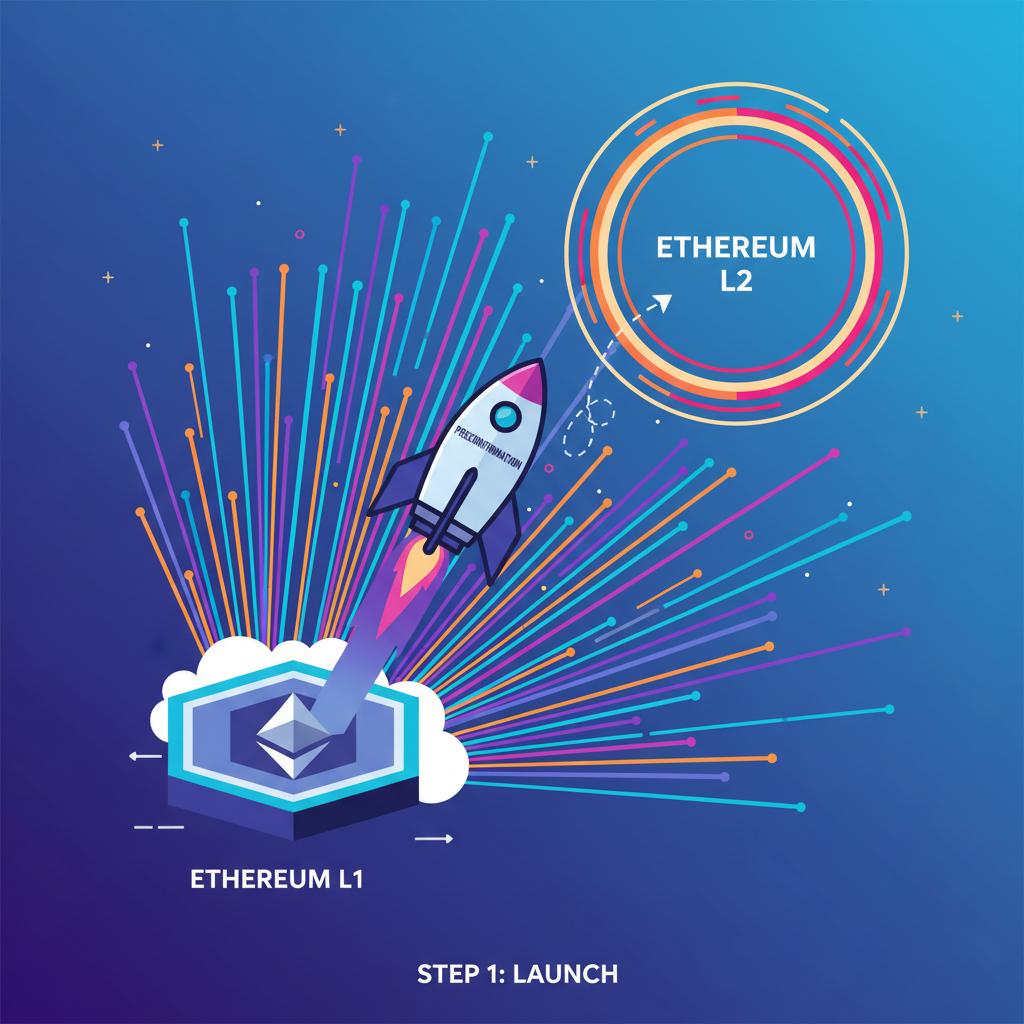 based preconfirmation rocket launching from Ethereum L1 to L2, explosive speed lines, vibrant energy