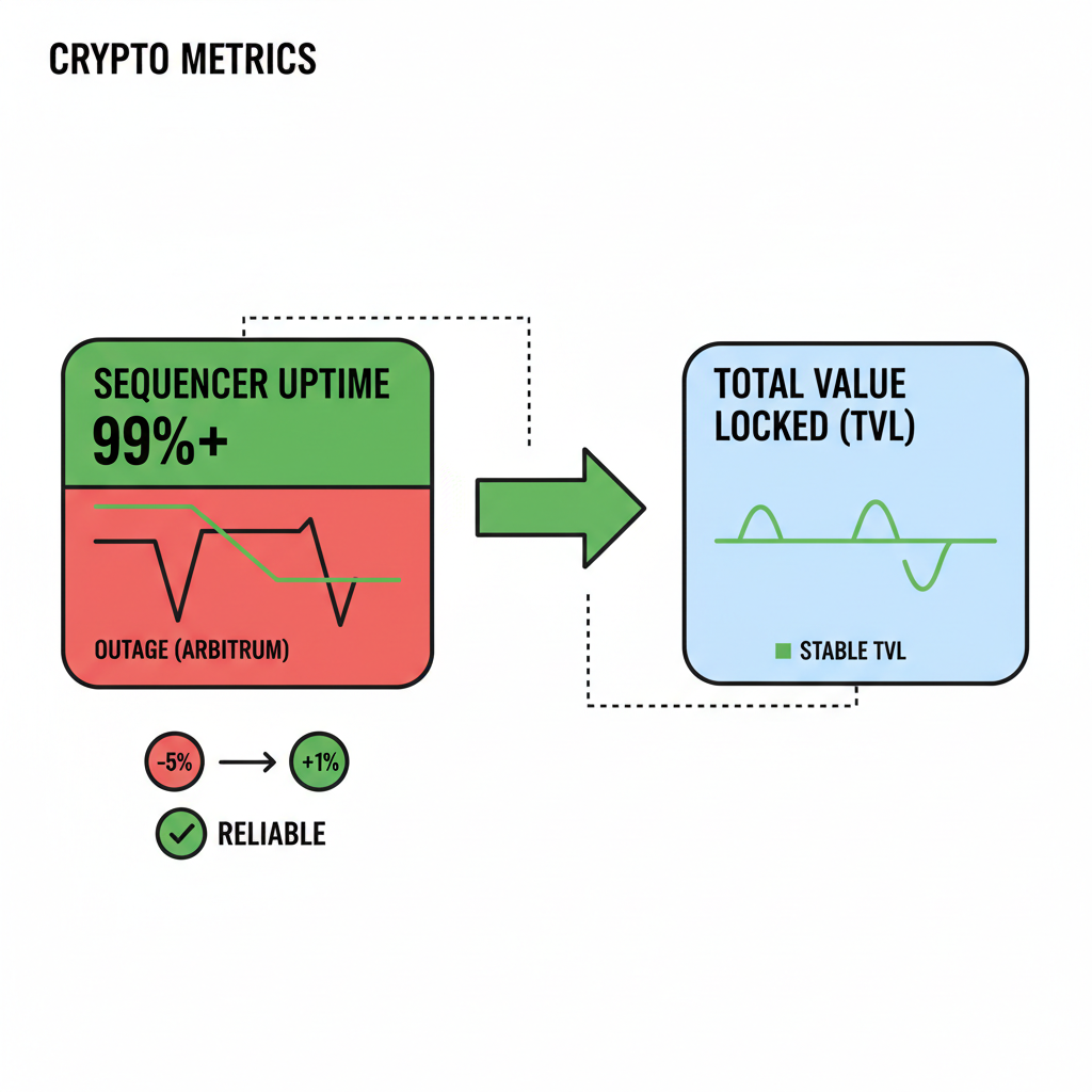 infographic graph sequencer uptime 99%+ correlating to stable TVL line, outage dips shown with Arbitrum examples, bold red/green charts, crypto metrics