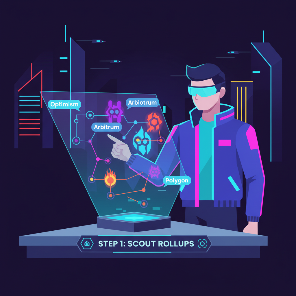 futuristic trader scouting blockchain rollups on holographic map, cyberpunk style, bold neon colors