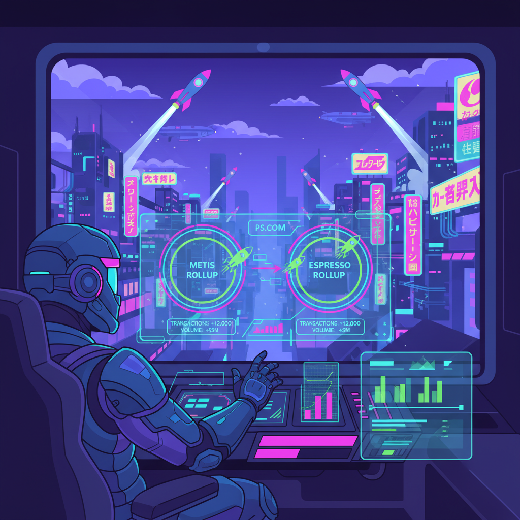cyberpunk trader launching rocket trades on Metis and Espresso rollups holographic dashboard, neon lights, dynamic action
