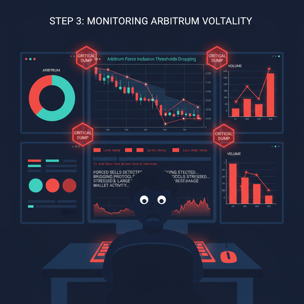 intense trader monitoring dashboard with Arbitrum force inclusion thresholds dropping, red alerts, high-tech surveillance screens